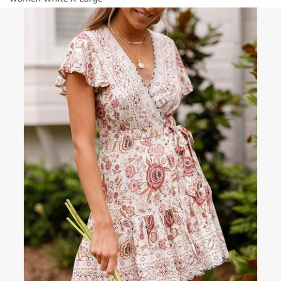 Amazon Pink and Tan Ruffled Wrap Sundress - Picture 2 of 10